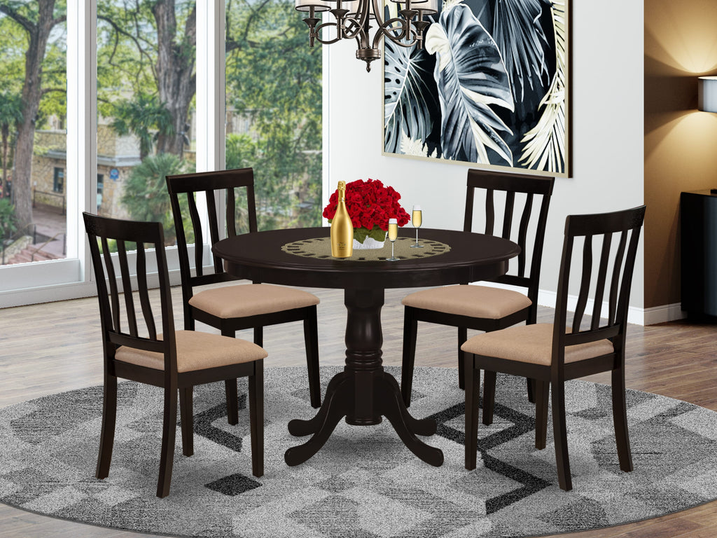 5-Piece Dining Set HLAN5-M8L-L with Circular Pedestal Table and 4 Comfortable Fabric Chairs - Cappuccino