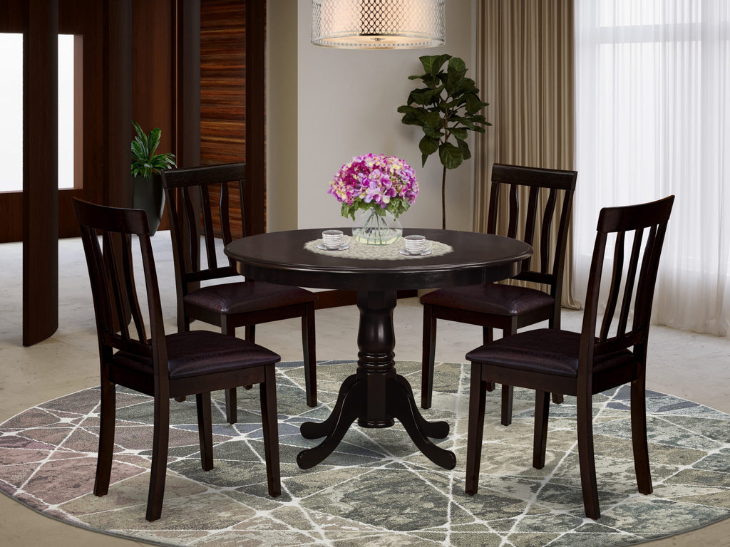 HLAN5-Q27-2X 5-Piece Dining Ensemble Round Table with Pedestal, 42x42 in & 4 Chairs with Faux Leather in Rich Cappuccino