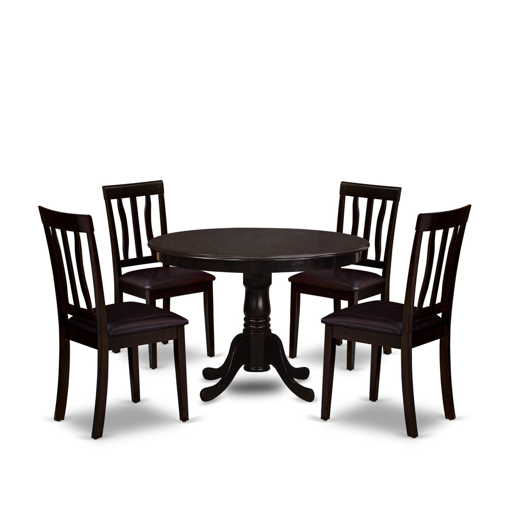HLAN5-Q27-2X 5-Piece Dining Ensemble Round Table with Pedestal, 42x42 in & 4 Chairs with Faux Leather in Rich Cappuccino