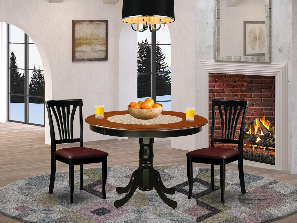 Compact HLAV3-NRI-X0 Trio Dining Set with Round Pedestal Table and 2 Faux Leather Chairs, Black and Cherry