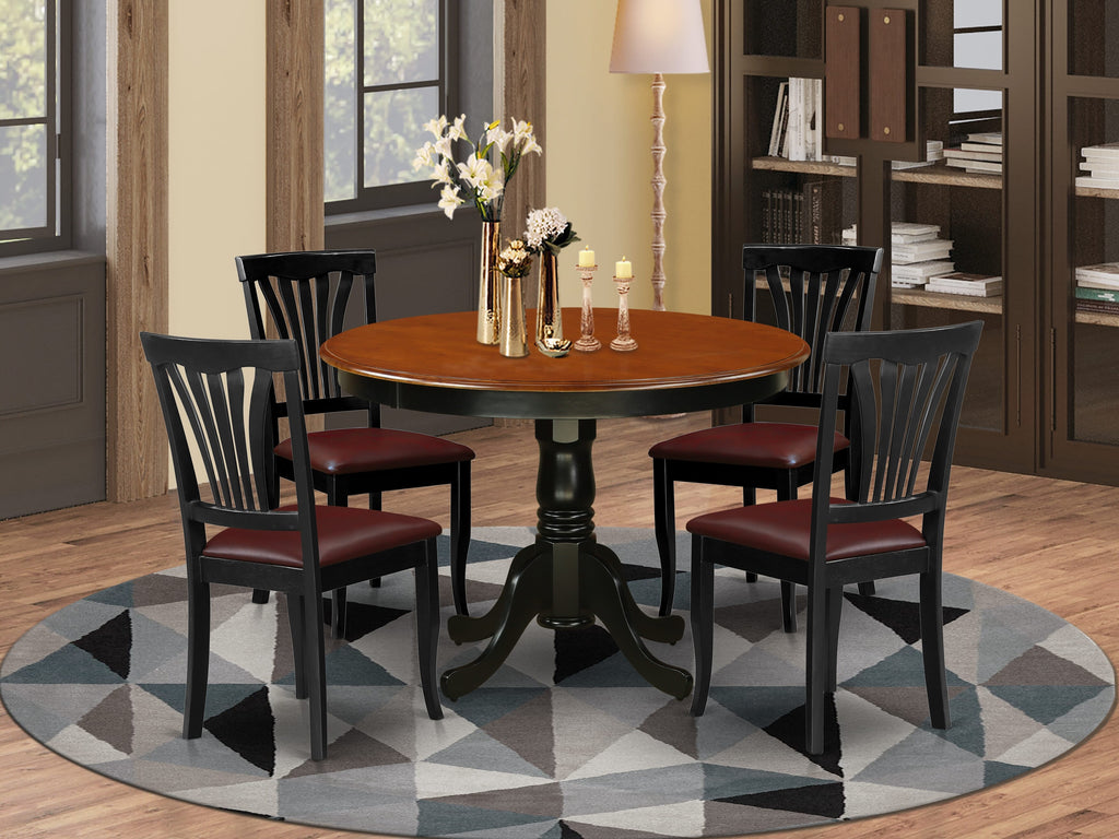 HLAV5-K7T-TG Dining Ensemble 5-Piece Circular Table Set with Pedestal Base and Leather Style Chairs in Classic Black & Cherry, 42-Inch