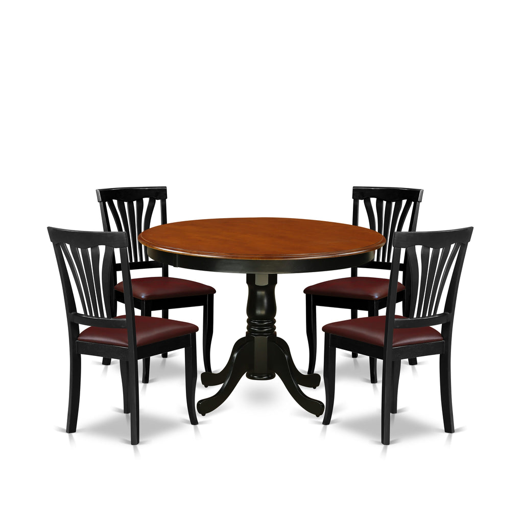 HLAV5-K7T-TG Dining Ensemble 5-Piece Circular Table Set with Pedestal Base and Leather Style Chairs in Classic Black & Cherry, 42-Inch
