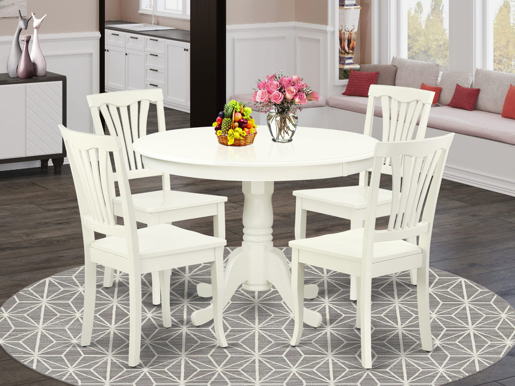 HLAV5-DX5-H 5-Piece Dining Ensemble with Round Pedestal Table and 4 Wooden Chairs, Linen White, 42