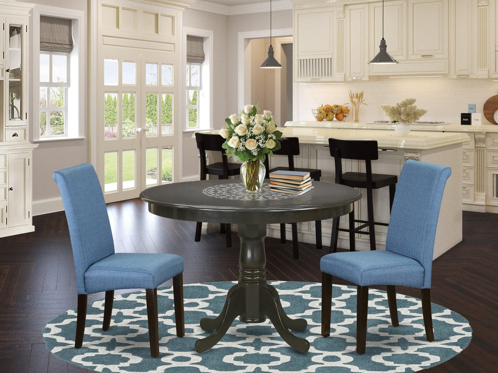 HLBA3-6LN-LJ Set 3-Piece Dining Ensemble with Round Pedestal Table & 2 Blue Linen Chairs, 42 Cappuccino