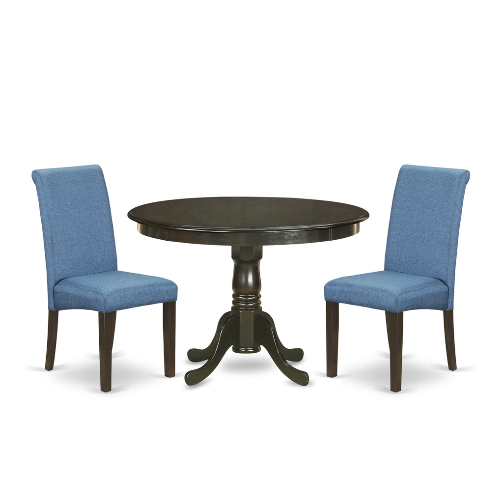 HLBA3-6LN-LJ Set 3-Piece Dining Ensemble with Round Pedestal Table & 2 Blue Linen Chairs, 42 Cappuccino