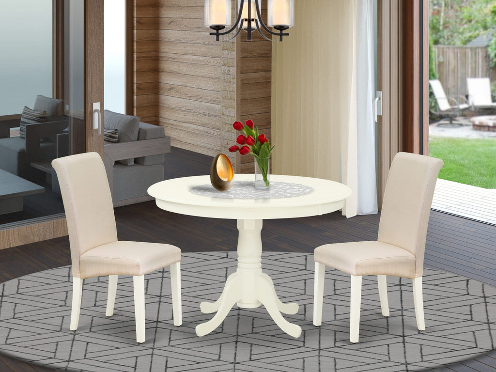 HLBA3-H2U-EK 3-PC Dining Ensemble Pedestal Table & Linen Parsons Chairs, 42 Round, Cream Finish