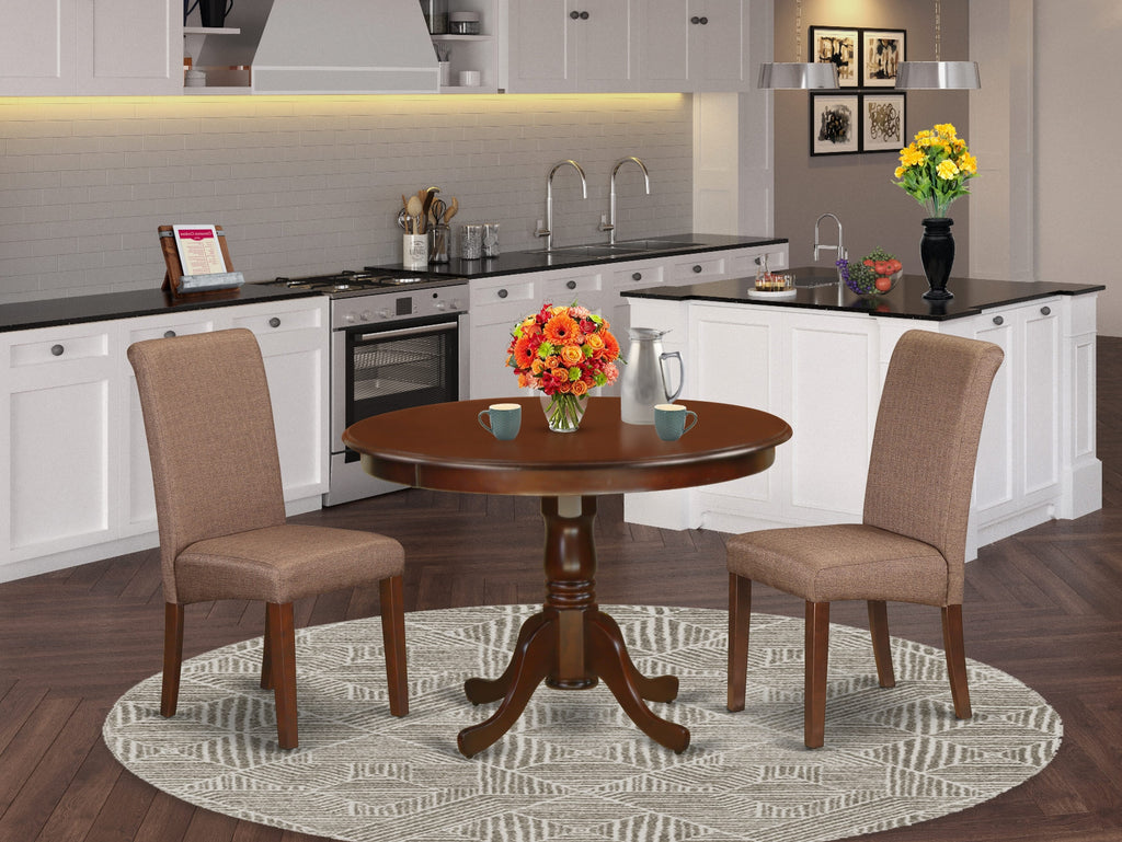 HLBA3-LVY-OW Elegant 3-Piece Mahogany Dining Set with Pedestal Table and Brown Parson Chairs