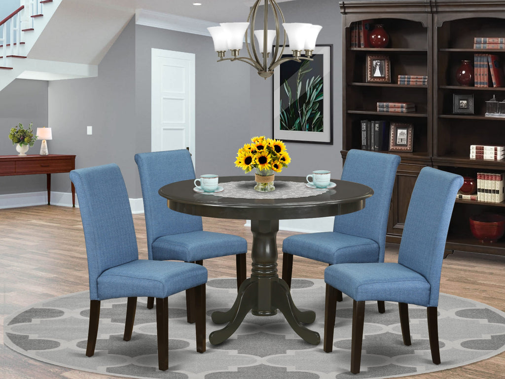 HLBA5-FGU-0Y 5-Piece Dining Ensemble with Round Table and 4 Blue Linen Parson Chairs, 42-Inch, Espresso
