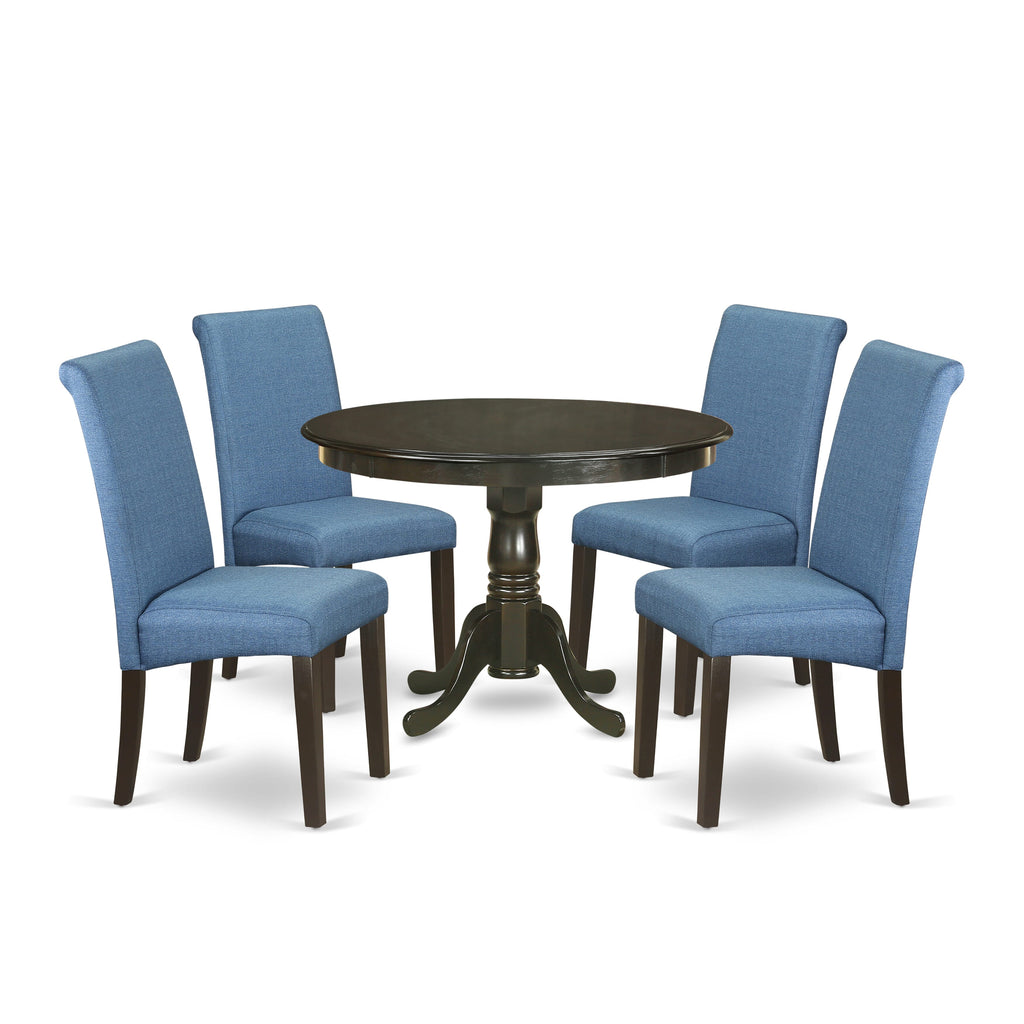 HLBA5-FGU-0Y 5-Piece Dining Ensemble with Round Table and 4 Blue Linen Parson Chairs, 42-Inch, Espresso