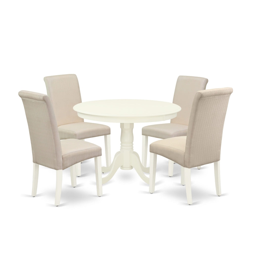 HLBA5-MEX-DI 5-Piece Dining Ensemble Featuring Round Wooden Table with Pedestal Base & 4 Parson Upholstered Chairs in Cream Fabric, 42x42 Inch Linen White