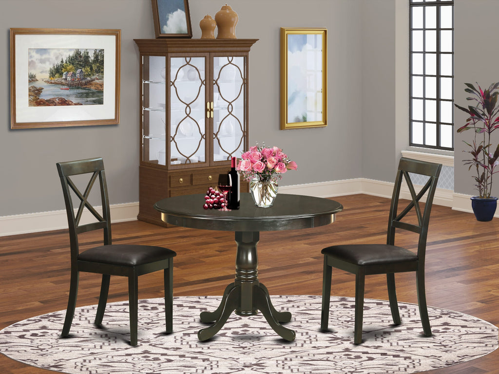 HLBO3-OTL-IH 3-Piece Set for Compact Dining Areas Featuring a Pedestal Round Table and Two Upholstered Chairs in Faux Leather, 42x42 Cappuccino