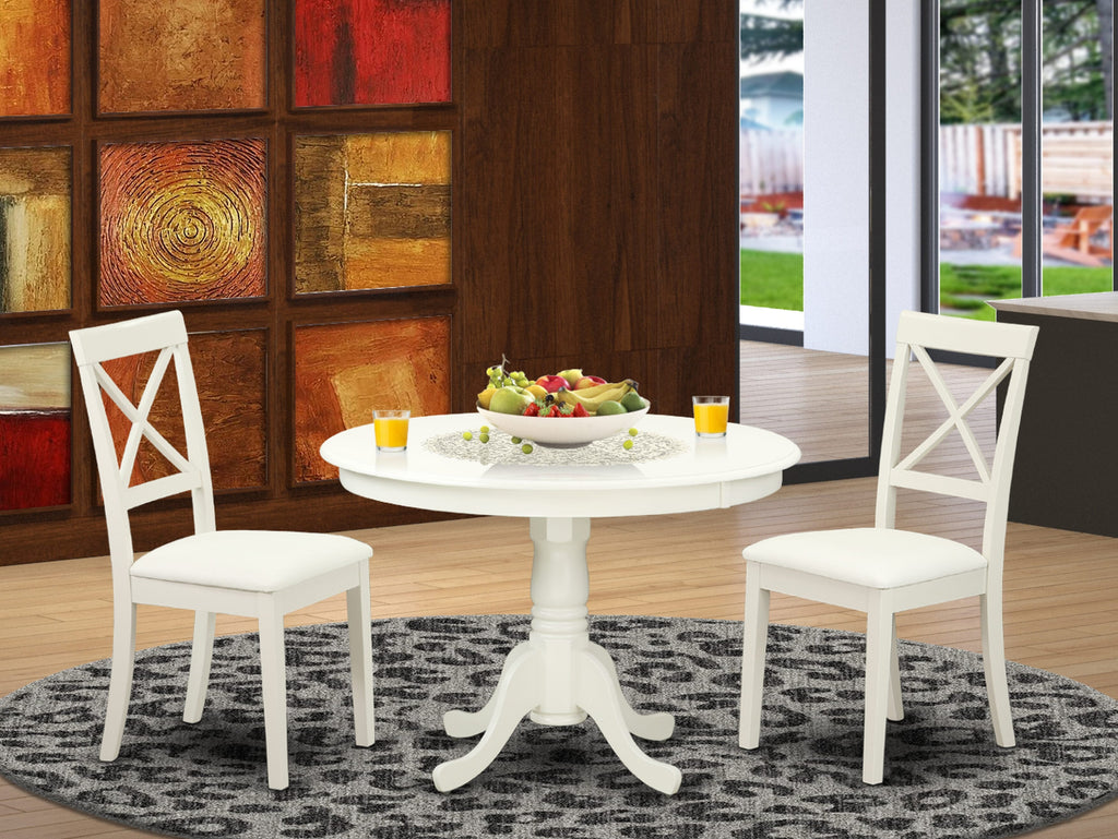 Dining Suite HLBO3-MFQ-4S Tri-Piece Round Table Set with Faux Leather Chairs, Linen White, 42x42 Inches