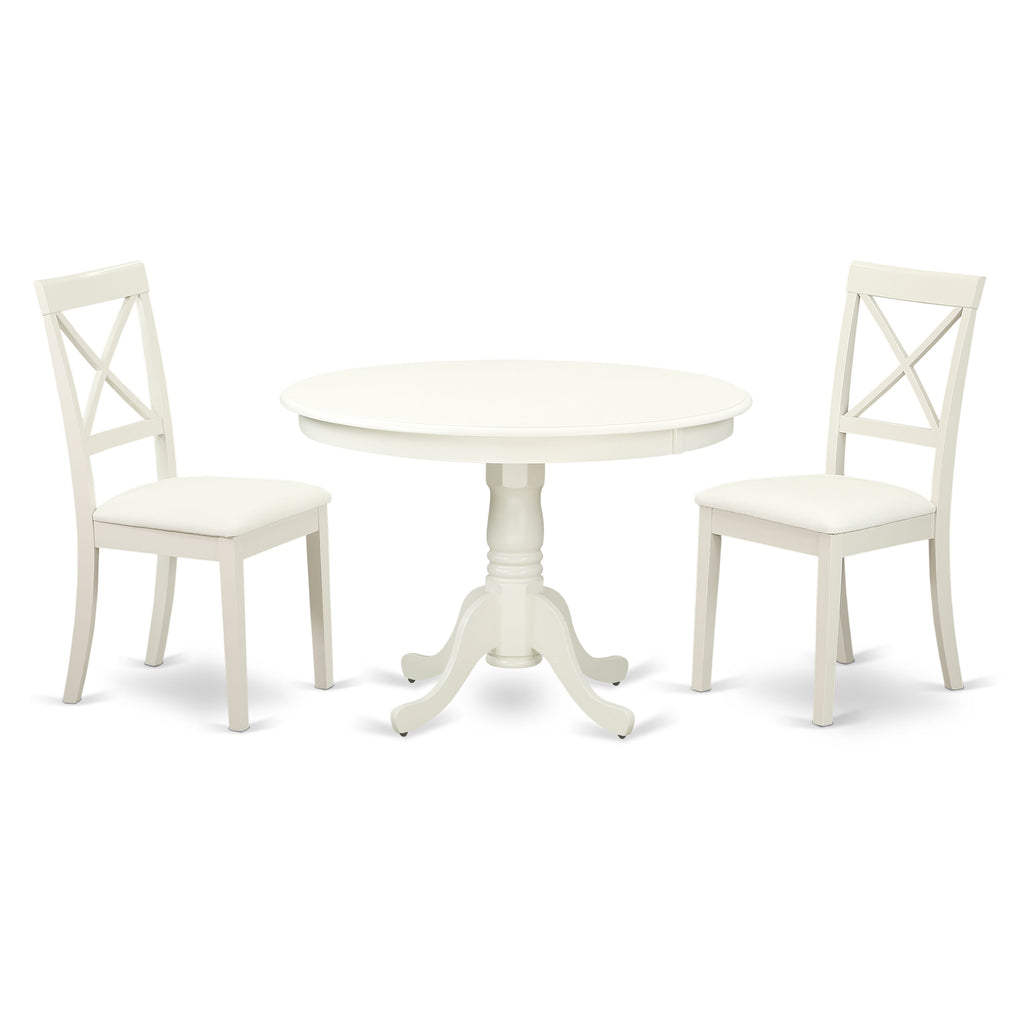 Dining Suite HLBO3-MFQ-4S Tri-Piece Round Table Set with Faux Leather Chairs, Linen White, 42x42 Inches