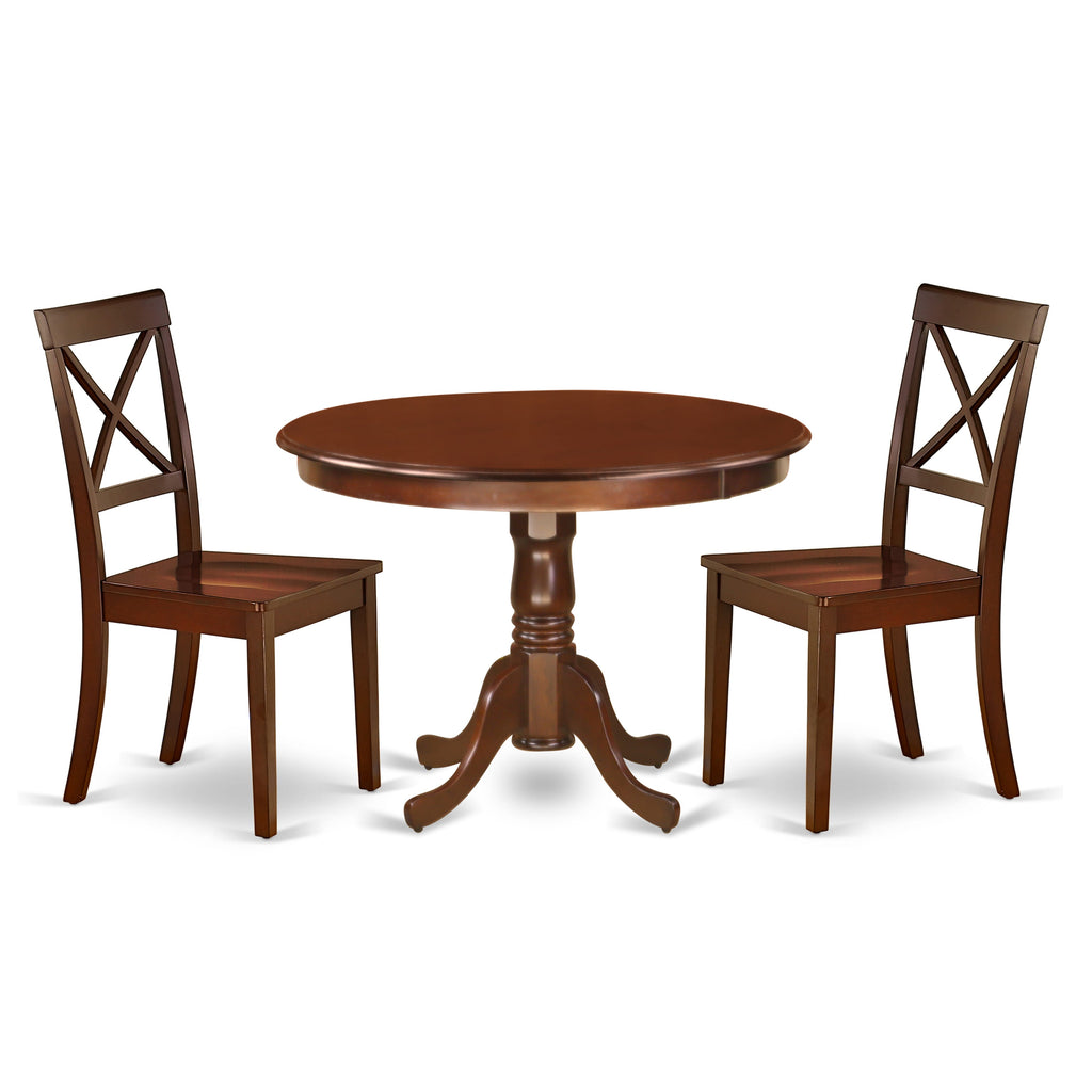 HLBO3-N0D-F 3-Pc Round Dining Set with Pedestal Table & 2 Compact Kitchen Chairs, 42x42 Mahogany Finish