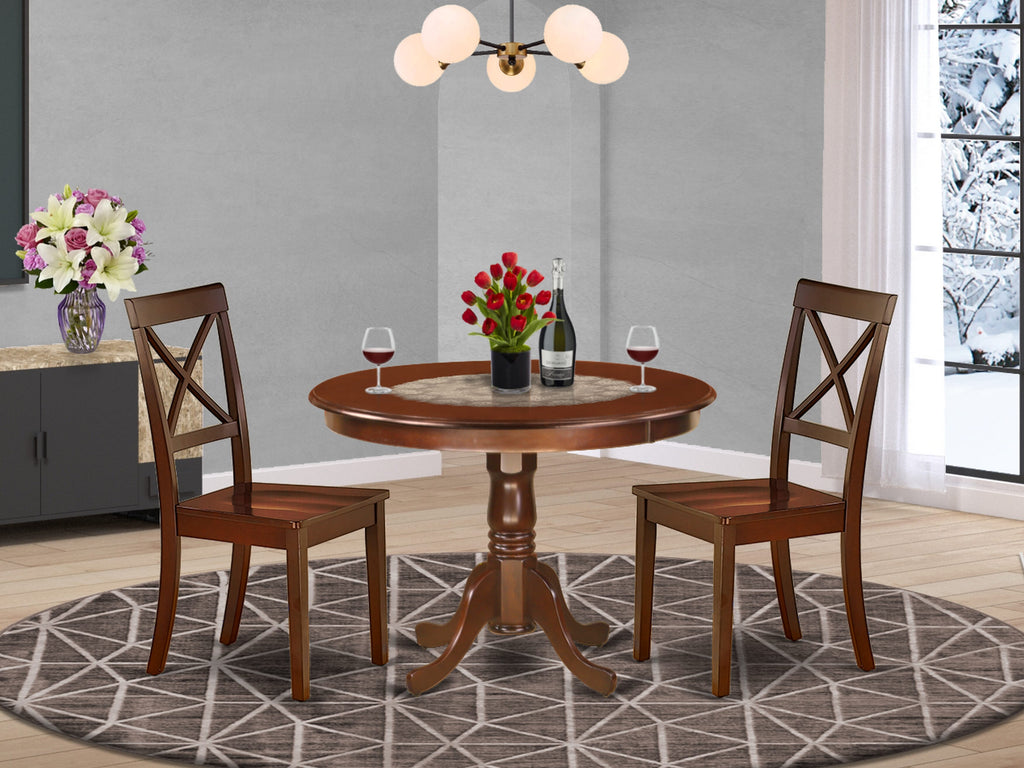 HLBO3-N0D-F 3-Pc Round Dining Set with Pedestal Table & 2 Compact Kitchen Chairs, 42x42 Mahogany Finish