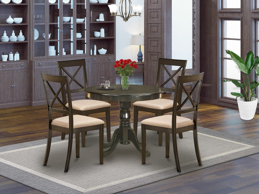 Dining Table Set HLBO5-C5Y-Q with Pedestal and Linen Chairs, Cappuccino Finish, 5 Pieces