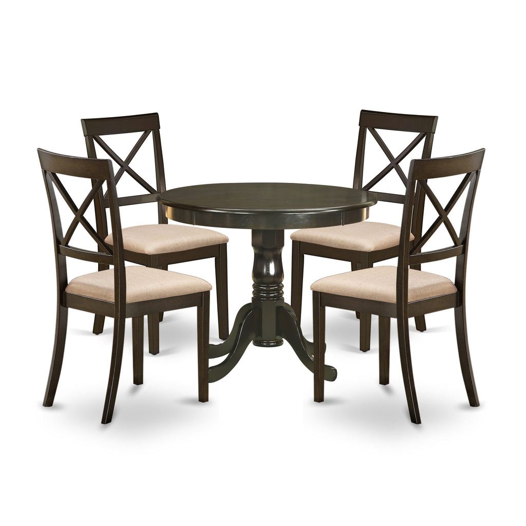 Dining Table Set HLBO5-C5Y-Q with Pedestal and Linen Chairs, Cappuccino Finish, 5 Pieces