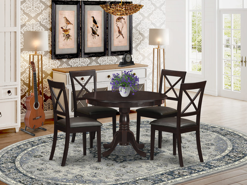 HLBO5-WT7-B7 Elegant 5-Piece Dining Ensemble Featuring Round Table and Faux Leather Seats, 42 Inch, Rich Brown Finish