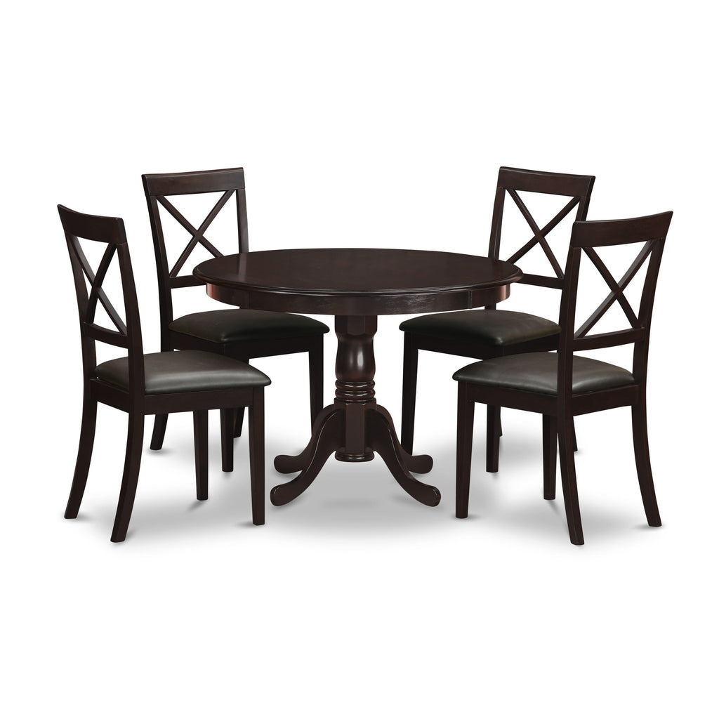 HLBO5-WT7-B7 Elegant 5-Piece Dining Ensemble Featuring Round Table and Faux Leather Seats, 42 Inch, Rich Brown Finish