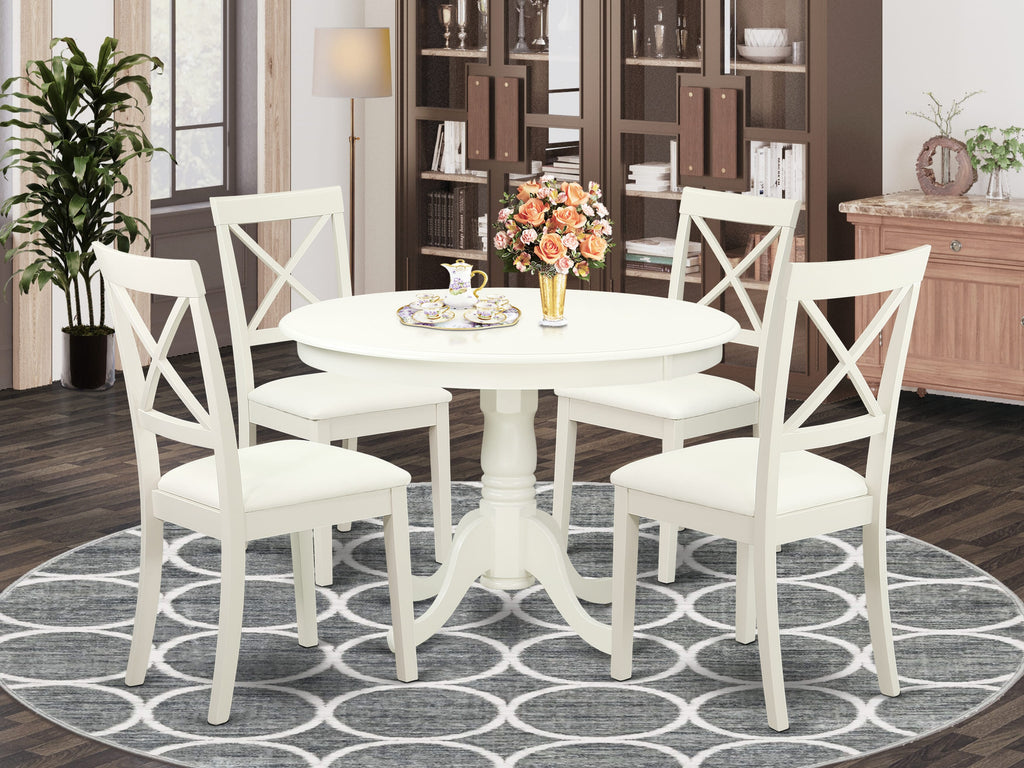 HLBO5-I3M-V0 Charming Pedestal Dining Ensemble with Faux Leather Seats, Includes Round Table and 4 Chairs, Linen White