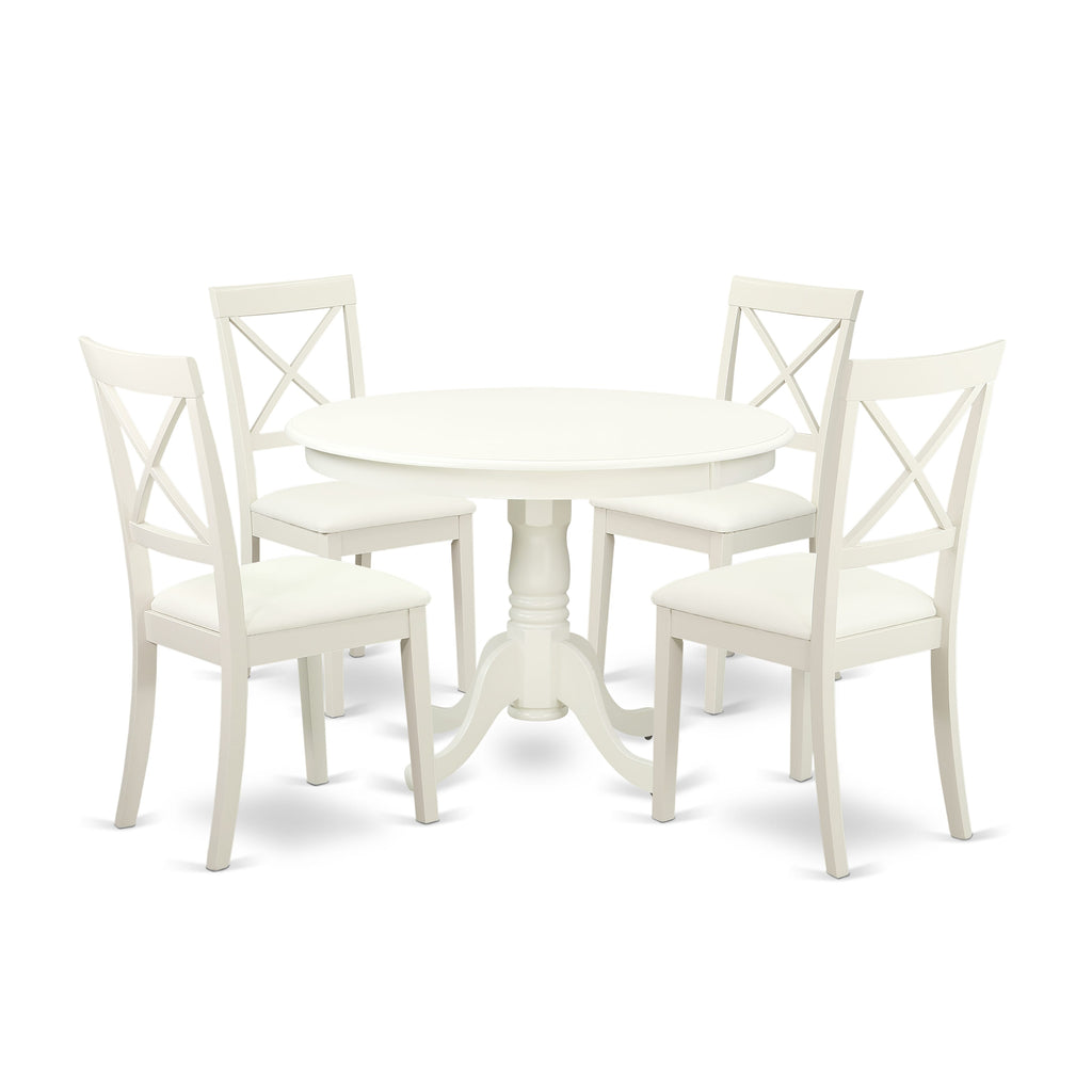 HLBO5-I3M-V0 Charming Pedestal Dining Ensemble with Faux Leather Seats, Includes Round Table and 4 Chairs, Linen White