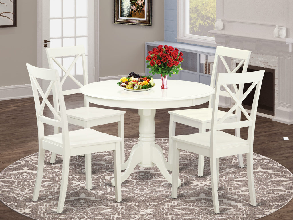 HLBO5-DA0-0 Elegant 5-Piece Round Dining Ensemble with Pedestal Table & 4 Upholstered Chairs, 42 Linen White