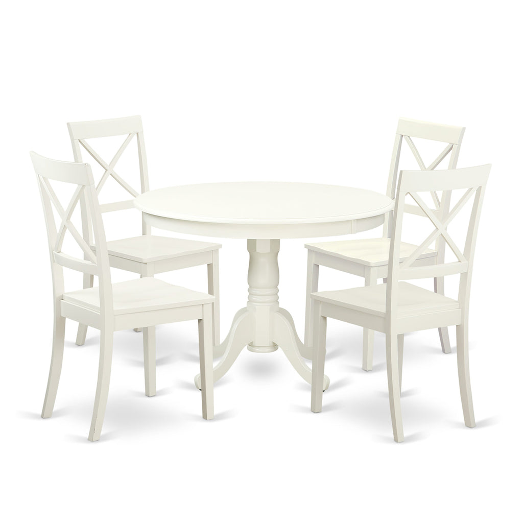 HLBO5-DA0-0 Elegant 5-Piece Round Dining Ensemble with Pedestal Table & 4 Upholstered Chairs, 42 Linen White