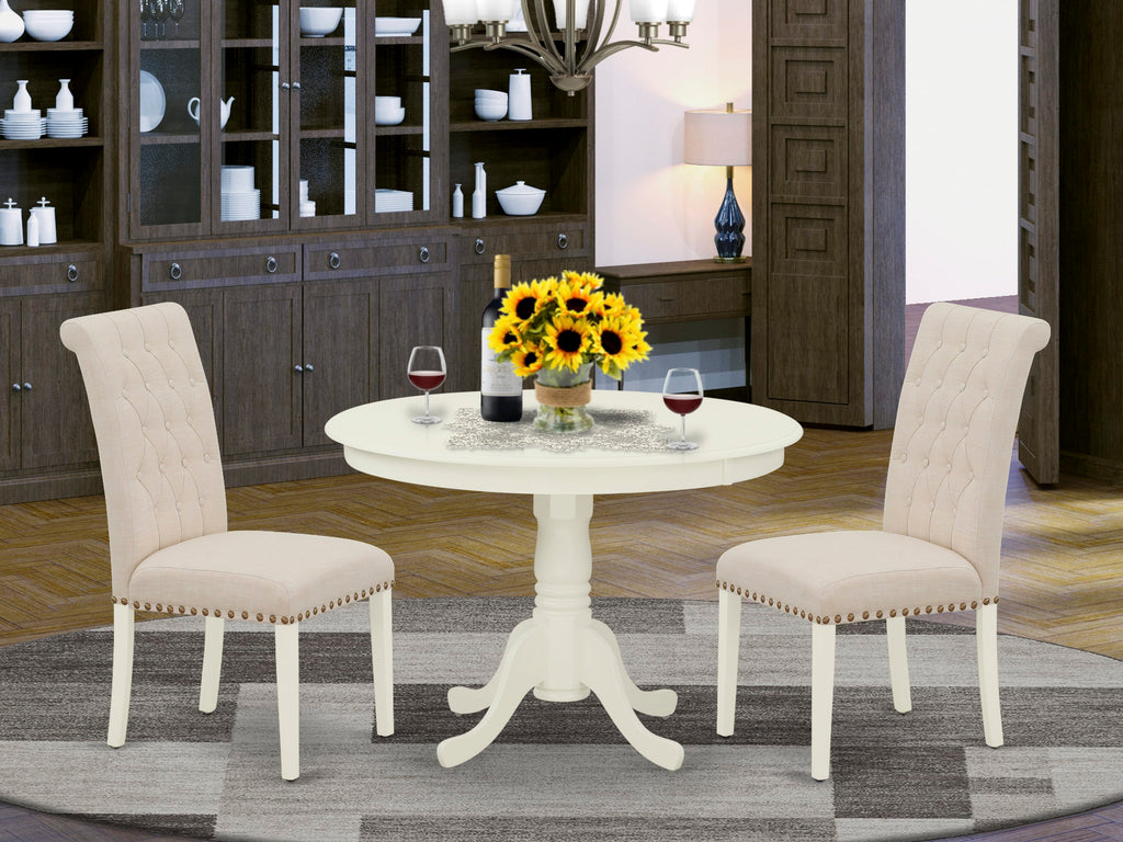 Complete Dining Collection HLBR3-R4A-OP Round Table with 2 Stylish Upholstered Beige Linen Chairs, Elegant 42 Design