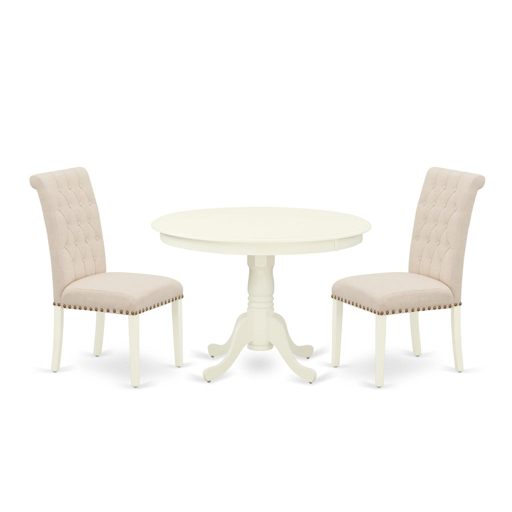 Complete Dining Collection HLBR3-R4A-OP Round Table with 2 Stylish Upholstered Beige Linen Chairs, Elegant 42 Design