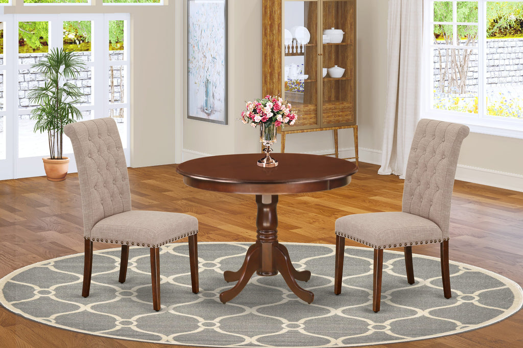 HLBR3-F1A-C0 3-Piece Dining Ensemble Circular Table with Pedestal Base and Two Beige Fabric Elegant Chairs, 42 Mahogany