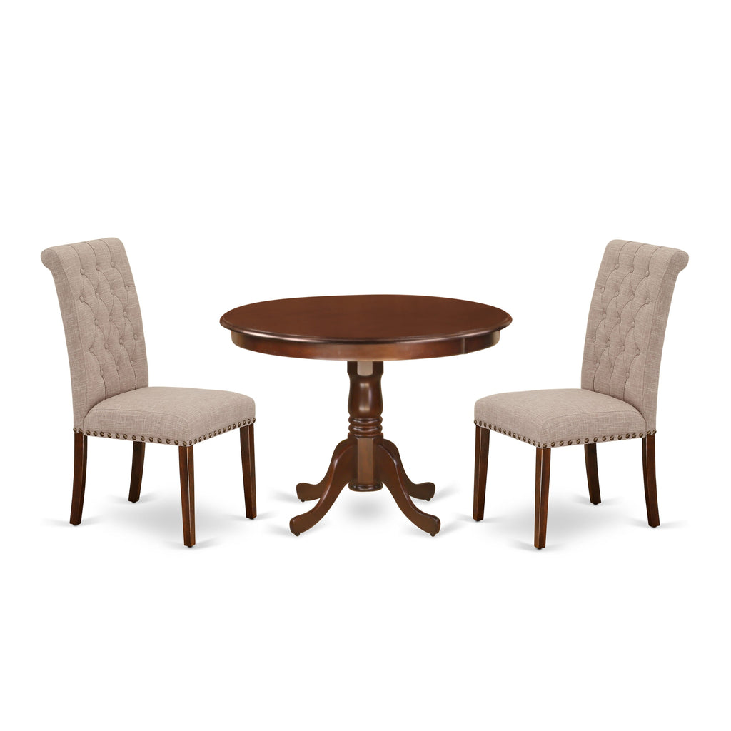 HLBR3-F1A-C0 3-Piece Dining Ensemble Circular Table with Pedestal Base and Two Beige Fabric Elegant Chairs, 42 Mahogany