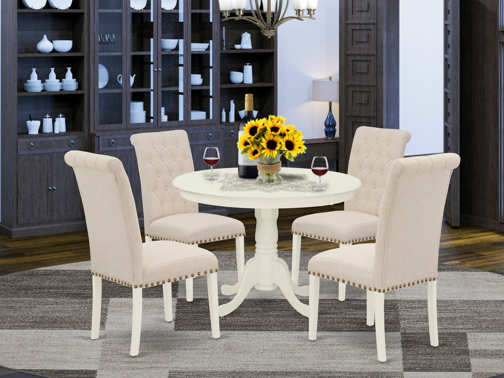 Sophisticated 5-Piece Multi-Purpose Dining Ensemble HLBR5-IZV-OG with Pedestal Table & Upholstered Seats, 42 , Linen White