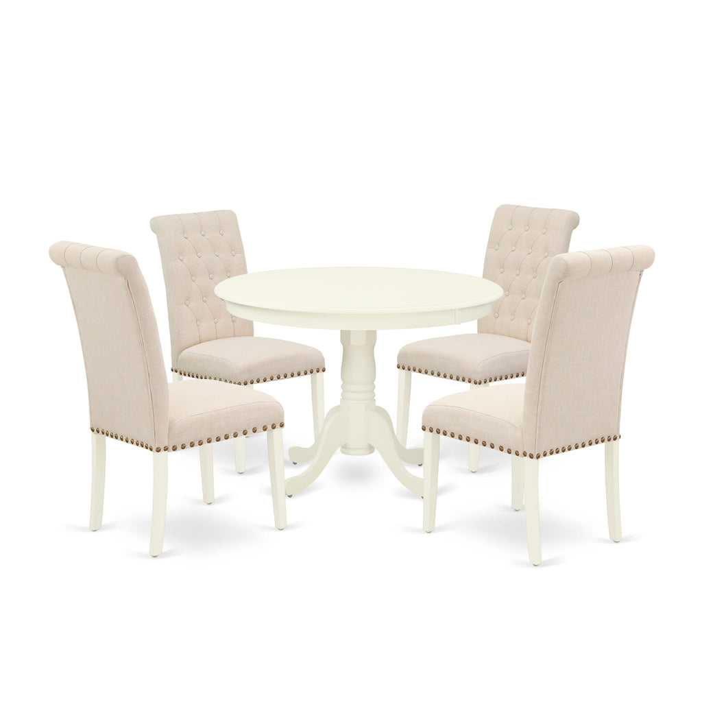 Sophisticated 5-Piece Multi-Purpose Dining Ensemble HLBR5-IZV-OG with Pedestal Table & Upholstered Seats, 42 , Linen White