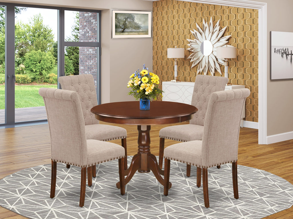 HLBR5-M22-82 Sophisticated 5 Piece Dining Ensemble with Pedestal Table and 4 Upholstered Chairs, 42 Mahogany