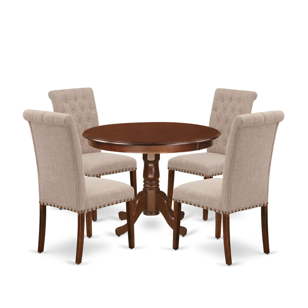 HLBR5-M22-82 Sophisticated 5 Piece Dining Ensemble with Pedestal Table and 4 Upholstered Chairs, 42 Mahogany