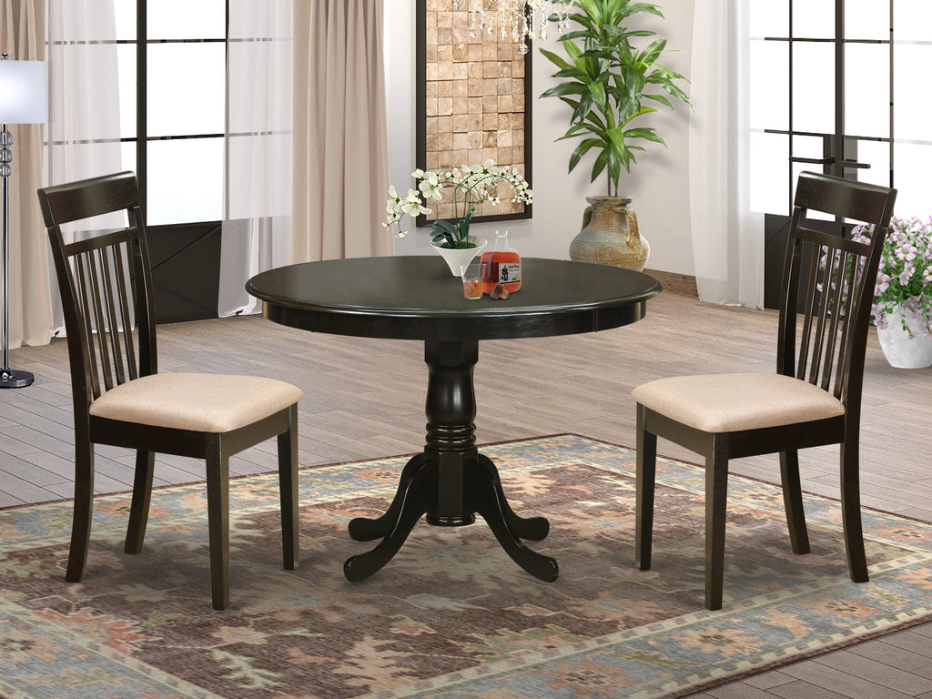 HLCA3-2XY-D Cappuccino Dining Ensemble 3-Piece Elegant Round Wood Table and Linen Upholstered Chair Set