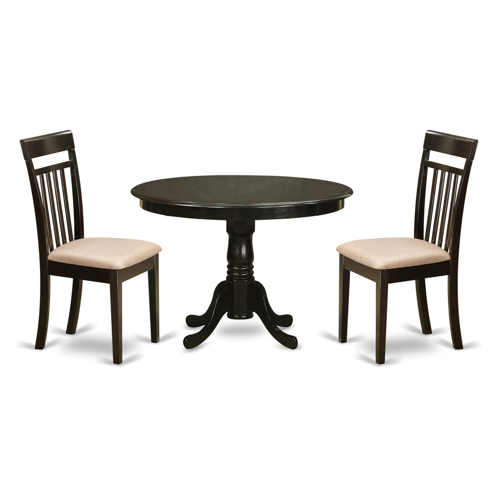 HLCA3-2XY-D Cappuccino Dining Ensemble 3-Piece Elegant Round Wood Table and Linen Upholstered Chair Set