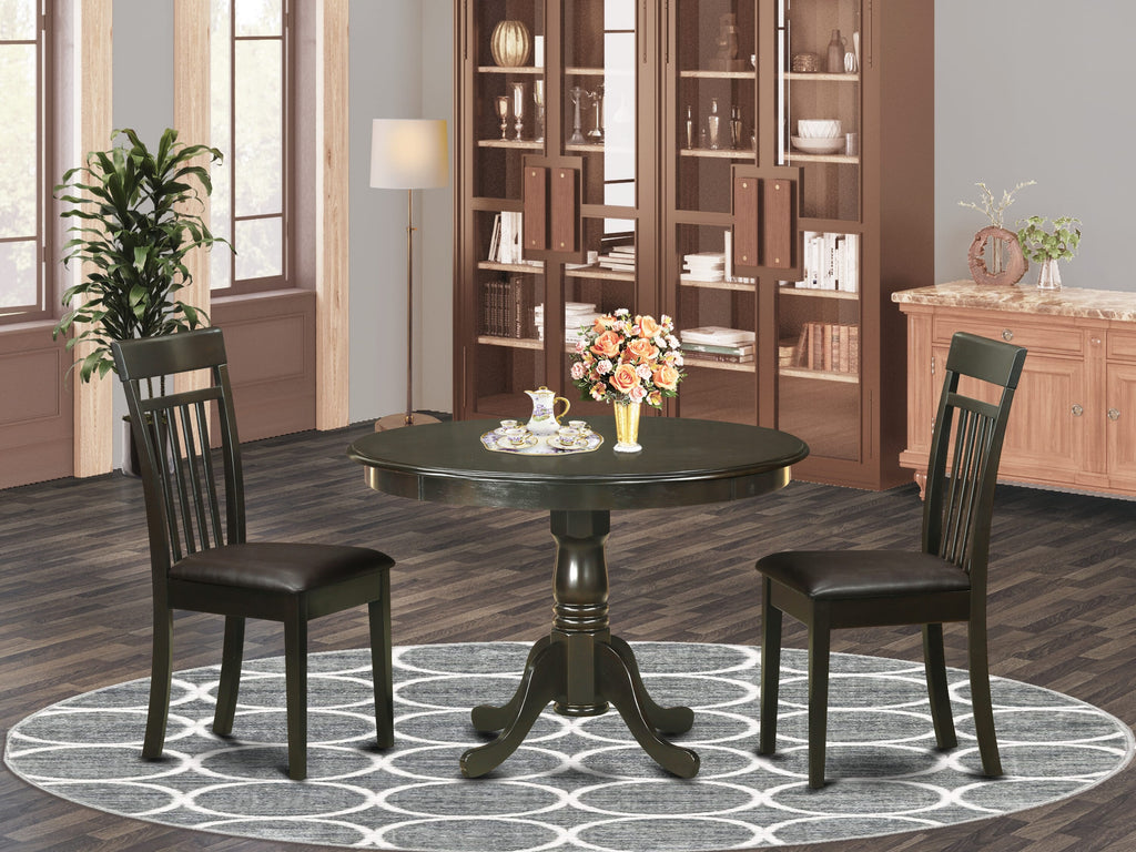3-Piece HLCA3-QRC-A5 Dining Set Round Pedestal Table with Faux Leather Chairs, 42 Cappuccino