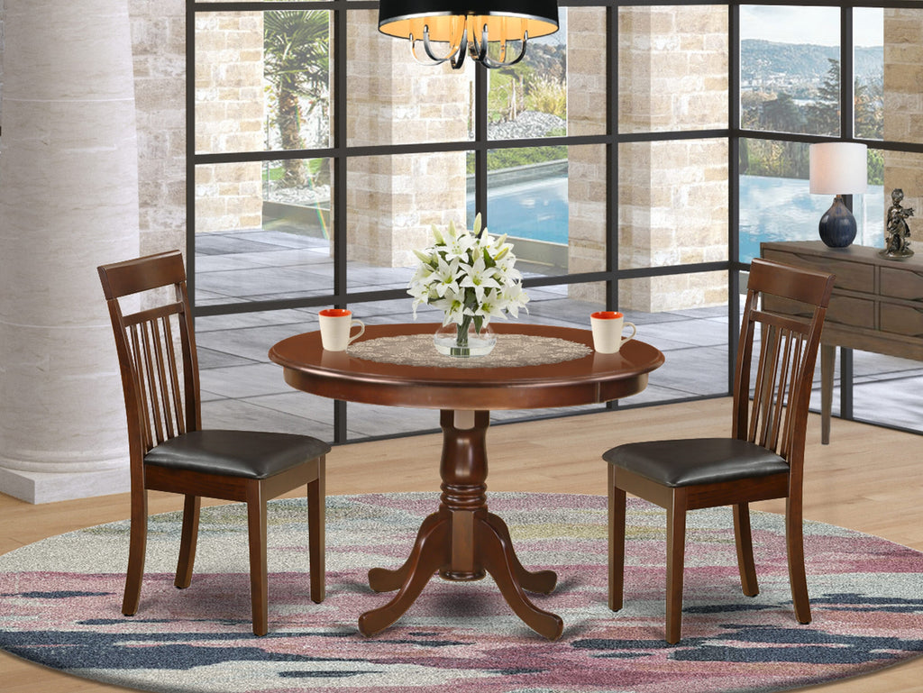 Small Space Dining Set HLCA3-8PH-6K Round 3-Piece Table with Pedestal and Faux Leather Chairs, Mahogany