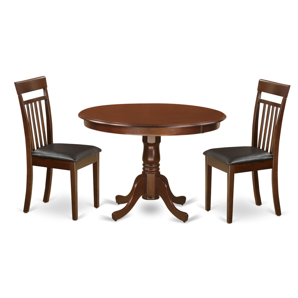 Small Space Dining Set HLCA3-8PH-6K Round 3-Piece Table with Pedestal and Faux Leather Chairs, Mahogany