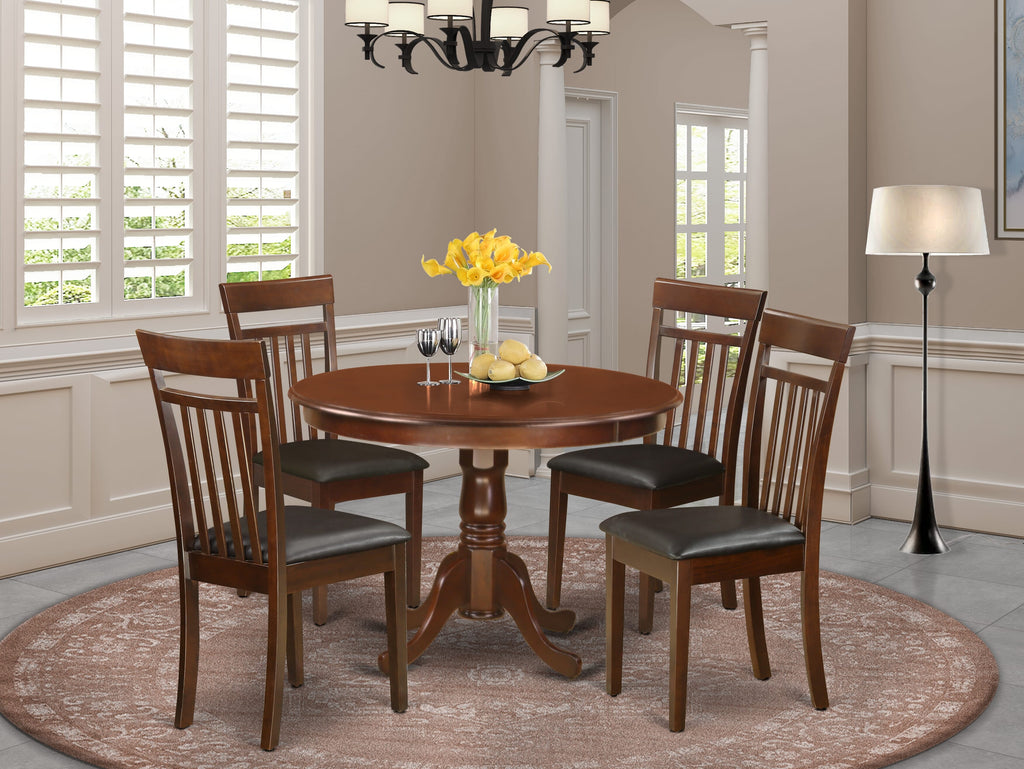 HLCA5-627-IC 5-Piece Pedestal Dining Ensemble Circular Table with Faux Leather Seats, Mahogany Finish