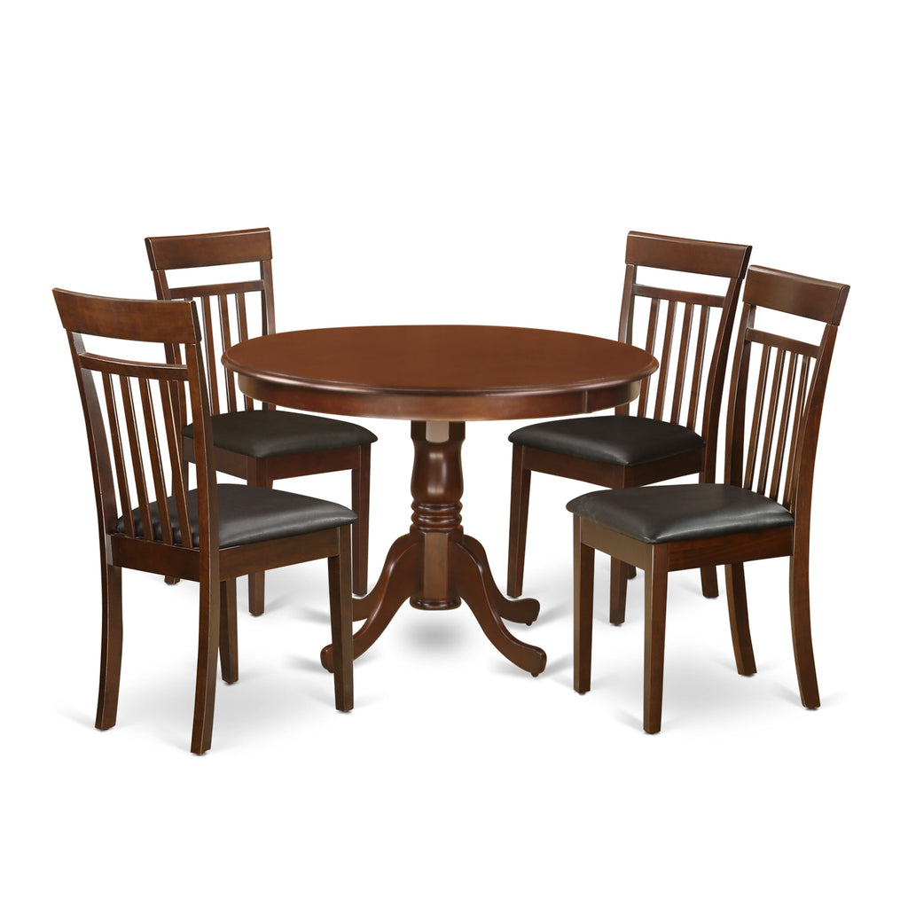 HLCA5-627-IC 5-Piece Pedestal Dining Ensemble Circular Table with Faux Leather Seats, Mahogany Finish