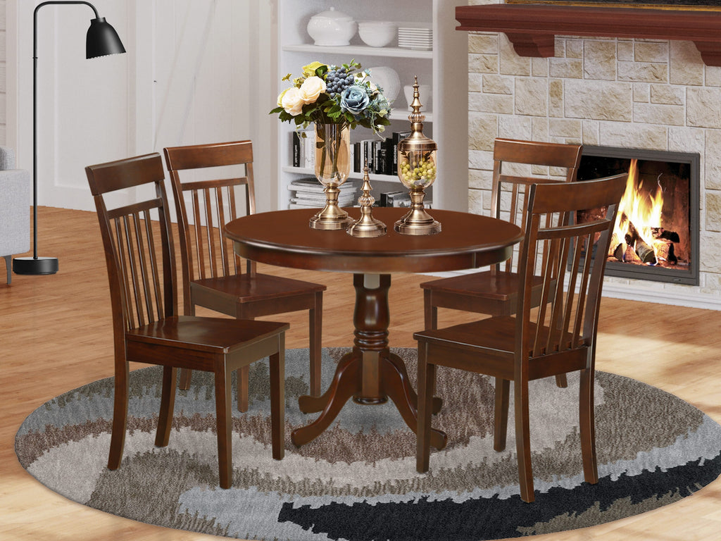 HLCA5-78N-T 5-Piece Dining Set Circular Table with Stand Base and 4 Wooden Chairs, Mahogany Finish