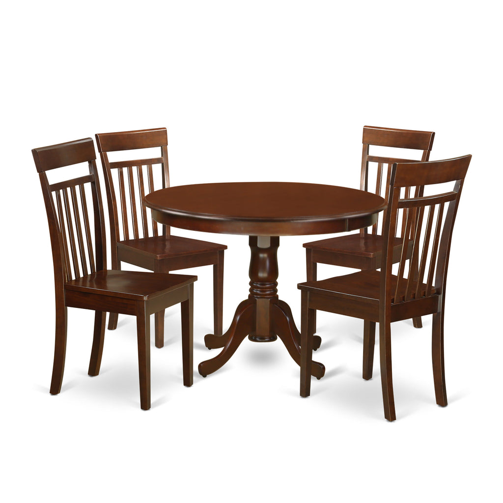 HLCA5-78N-T 5-Piece Dining Set Circular Table with Stand Base and 4 Wooden Chairs, Mahogany Finish