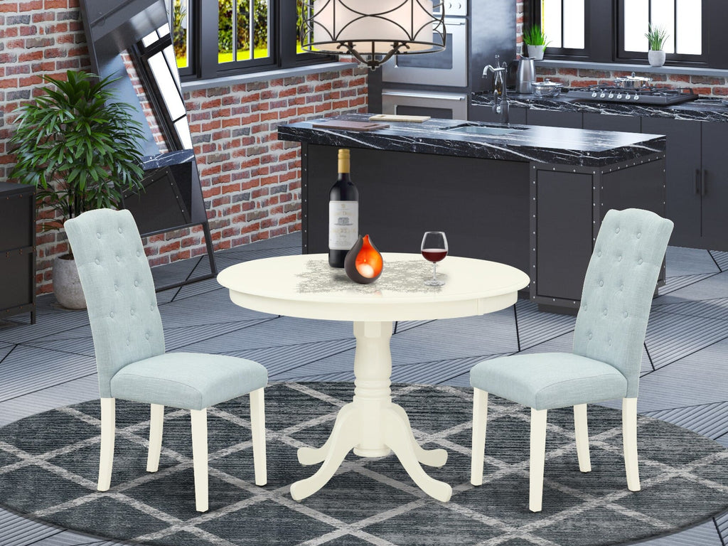 HLCE3-R95-74 Elegant Round Set 42 White Dining Table with Stand & 2 Blue Linen Chairs, 3-Piece Ensemble
