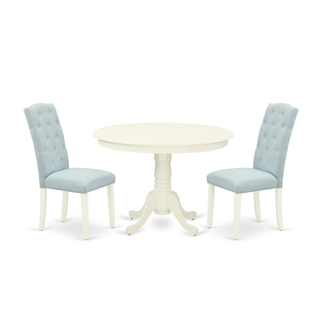 HLCE3-R95-74 Elegant Round Set 42 White Dining Table with Stand & 2 Blue Linen Chairs, 3-Piece Ensemble