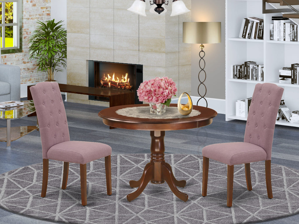 HLCE3-T77-3B Set Cozy 3-Piece Dining Collection with Pedestal Table & Two Upholstered Chairs, 42 Mahogany Tabletop