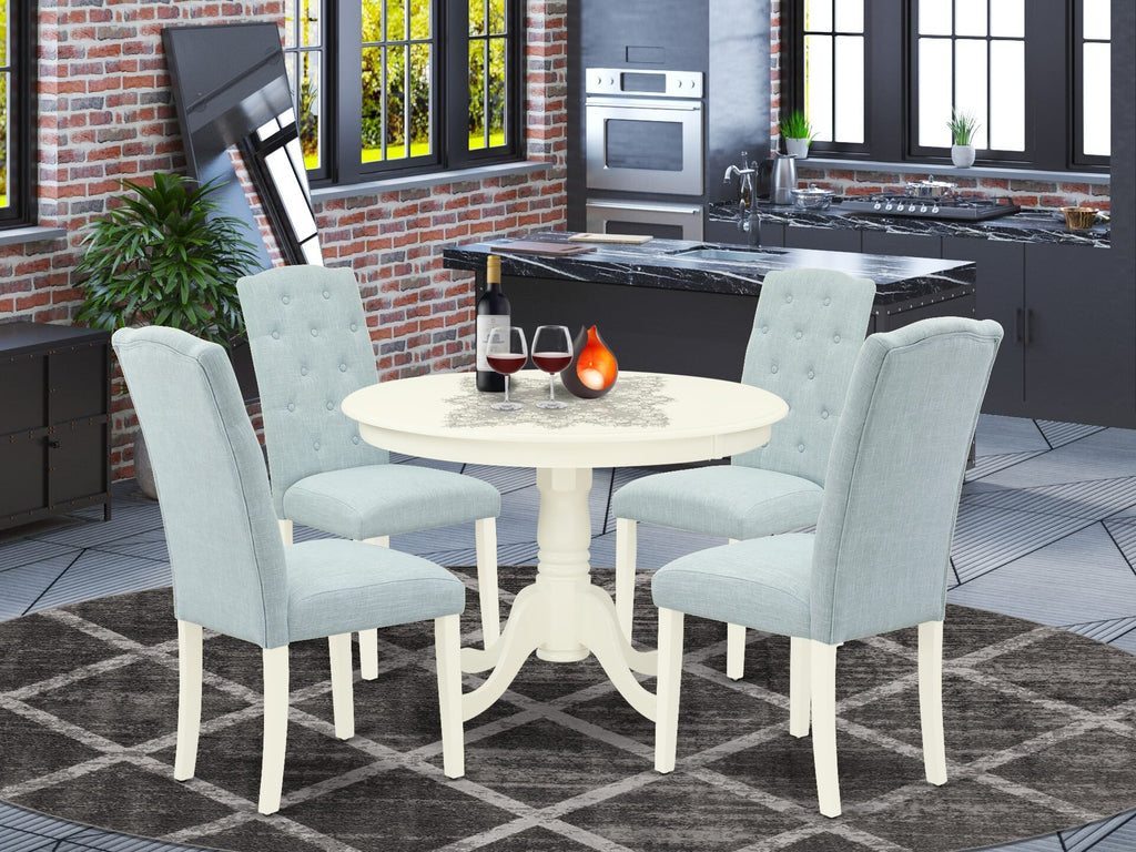 HLCE5-FOR-A9 5-Piece Dining Ensemble with Round Table and Linen Fabric Chairs, 42 White Tone