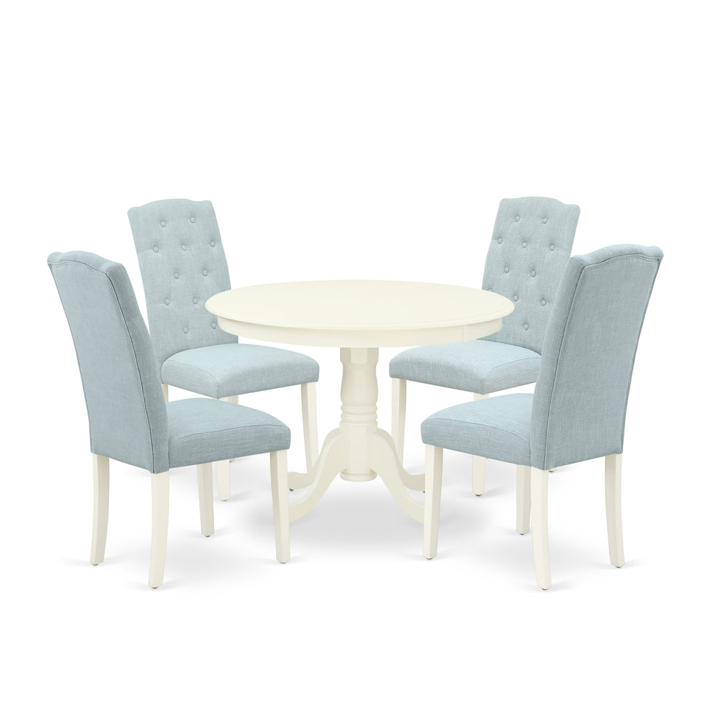 HLCE5-FOR-A9 5-Piece Dining Ensemble with Round Table and Linen Fabric Chairs, 42 White Tone