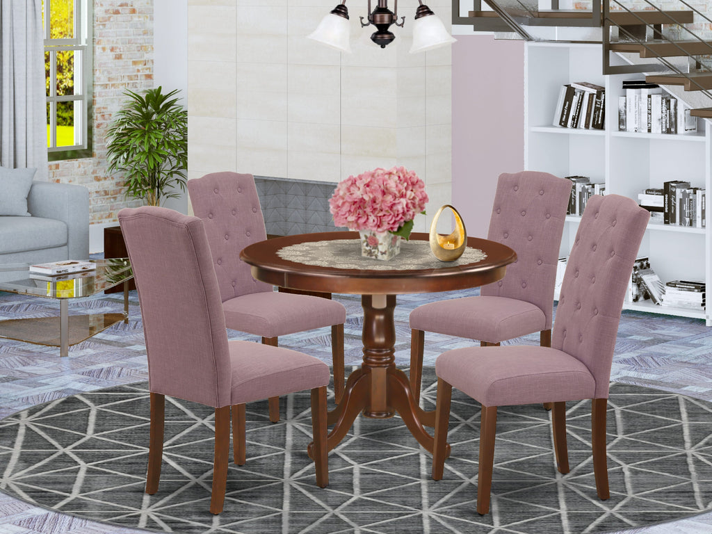 HLCE5-Y3R-GF Classic 5-Piece Dining Collection Featuring Round Table & 4 Upholstered Dahlia Parson Chairs, 42-Inch Mahogany Finish